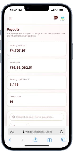 PlannerKart vendor earnings mobile app view