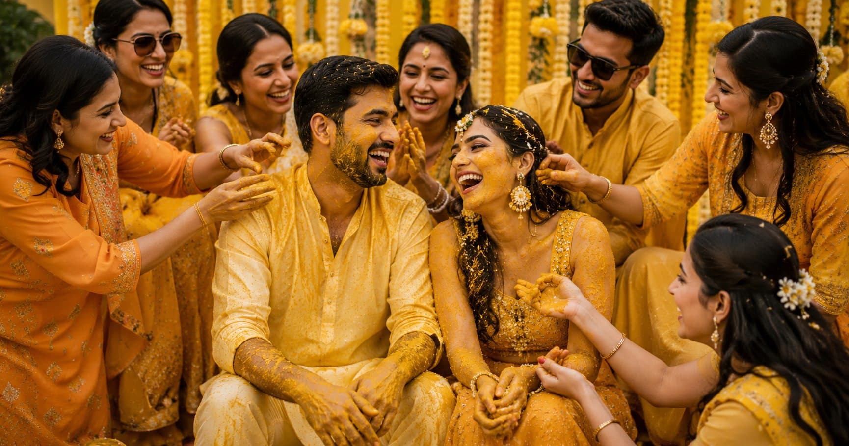 Elegant Haldi ceremony setup with yellow and marigold floral decorations