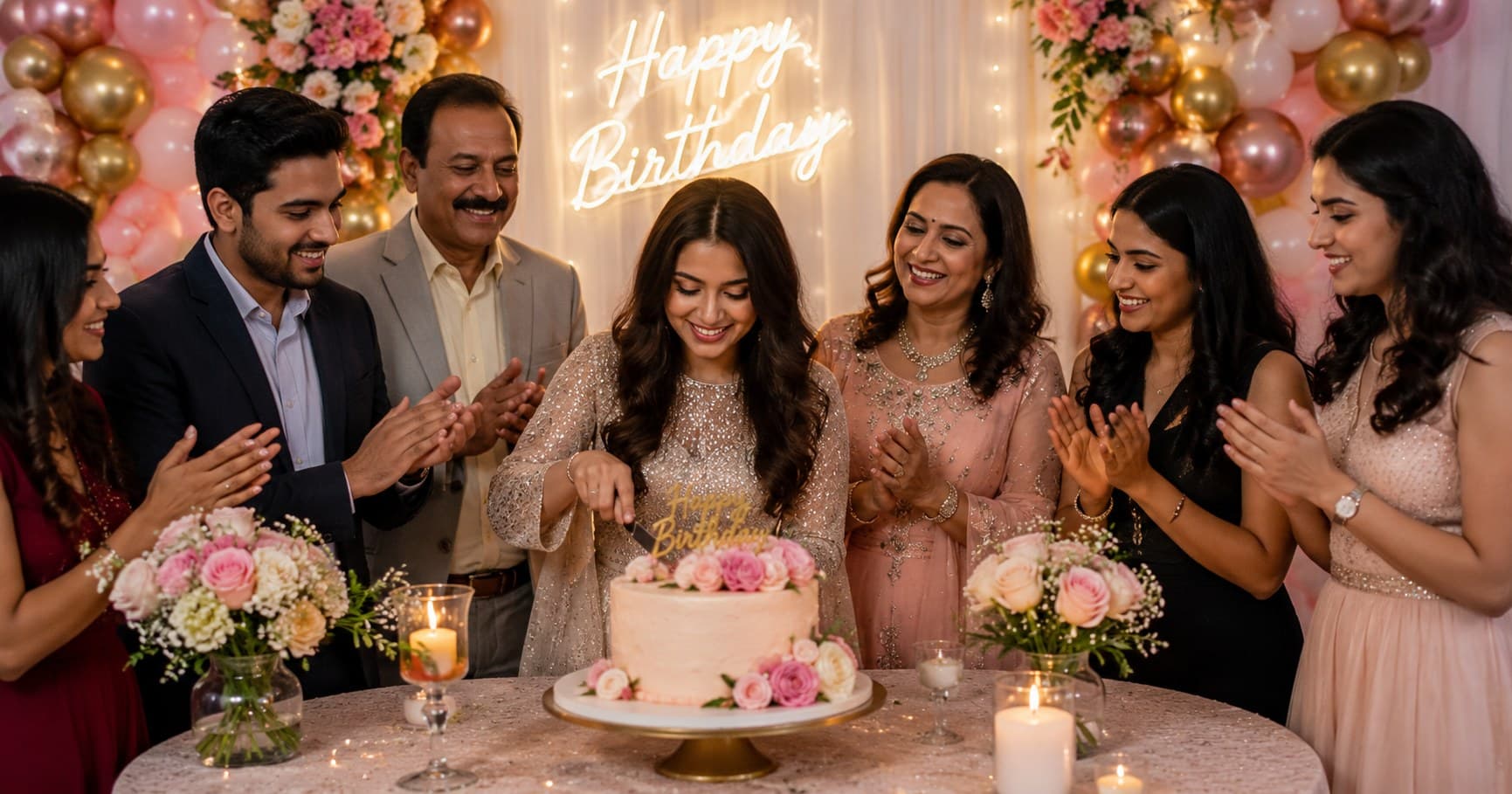 Elegant birthday celebration venue with themed decorations and birthday cake