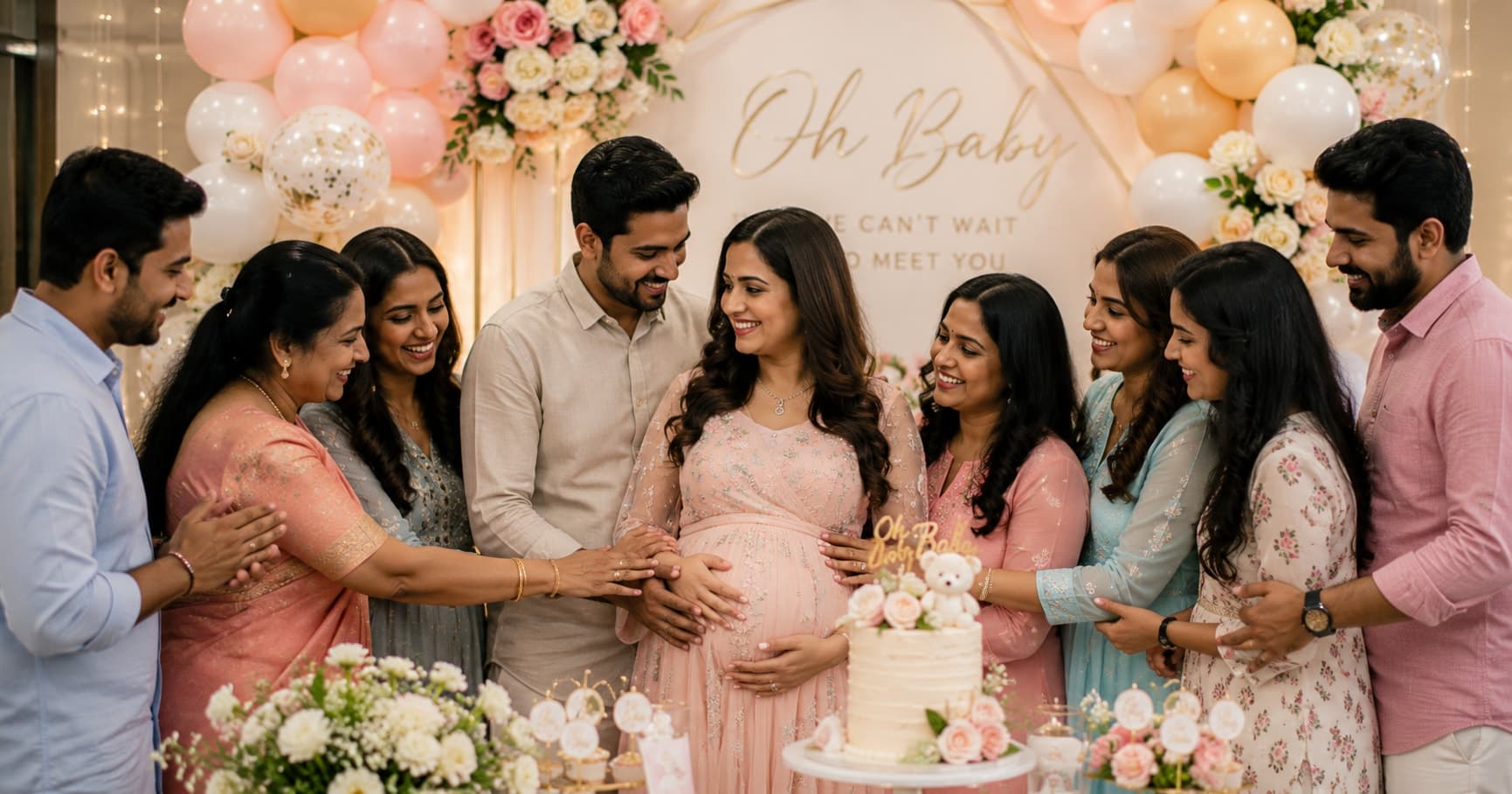 Elegant baby shower celebration with pastel decorations and floral backdrop