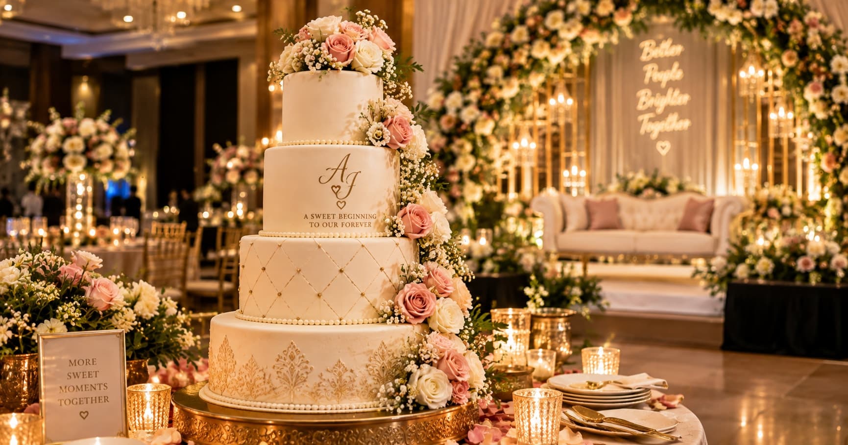 Elegant multi-tier wedding cake displayed at a luxury wedding reception