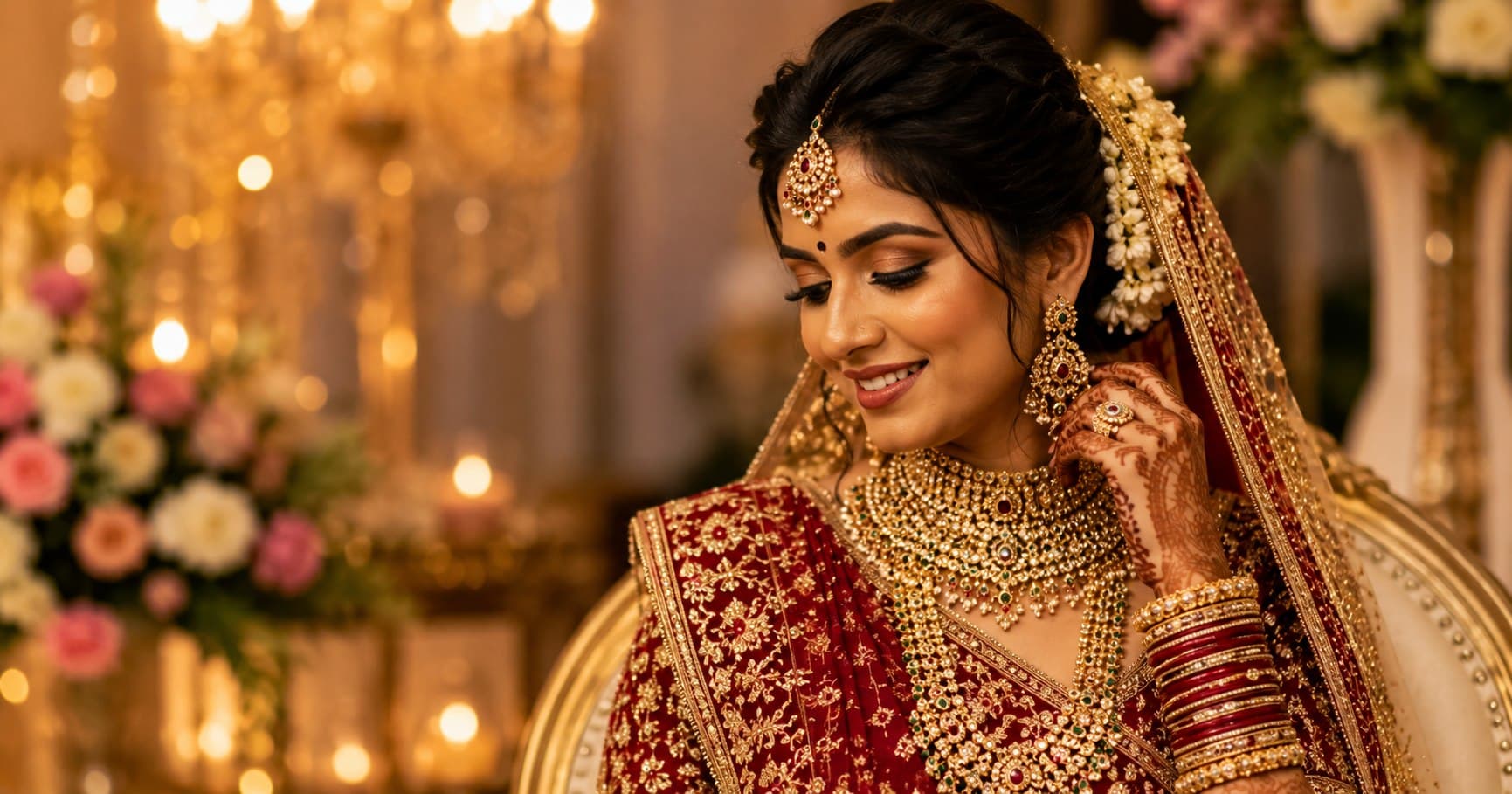 Elegant Indian bride wearing traditional wedding jewelry