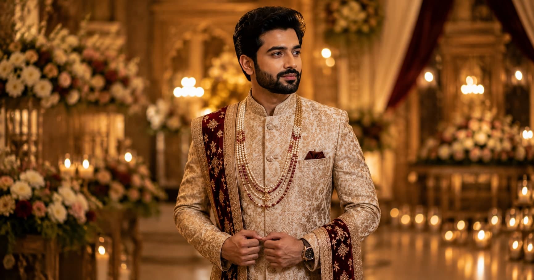 Elegant Indian groom in a luxury wedding outfit