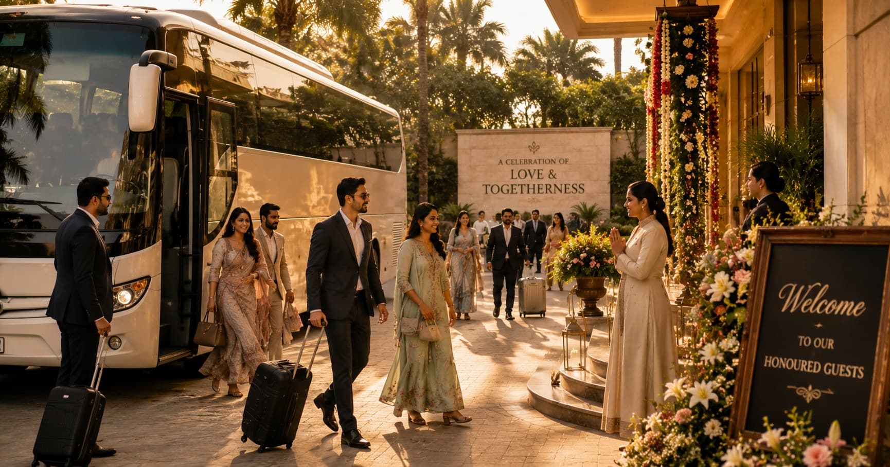 Wedding guests arriving at a venue with organized transportation