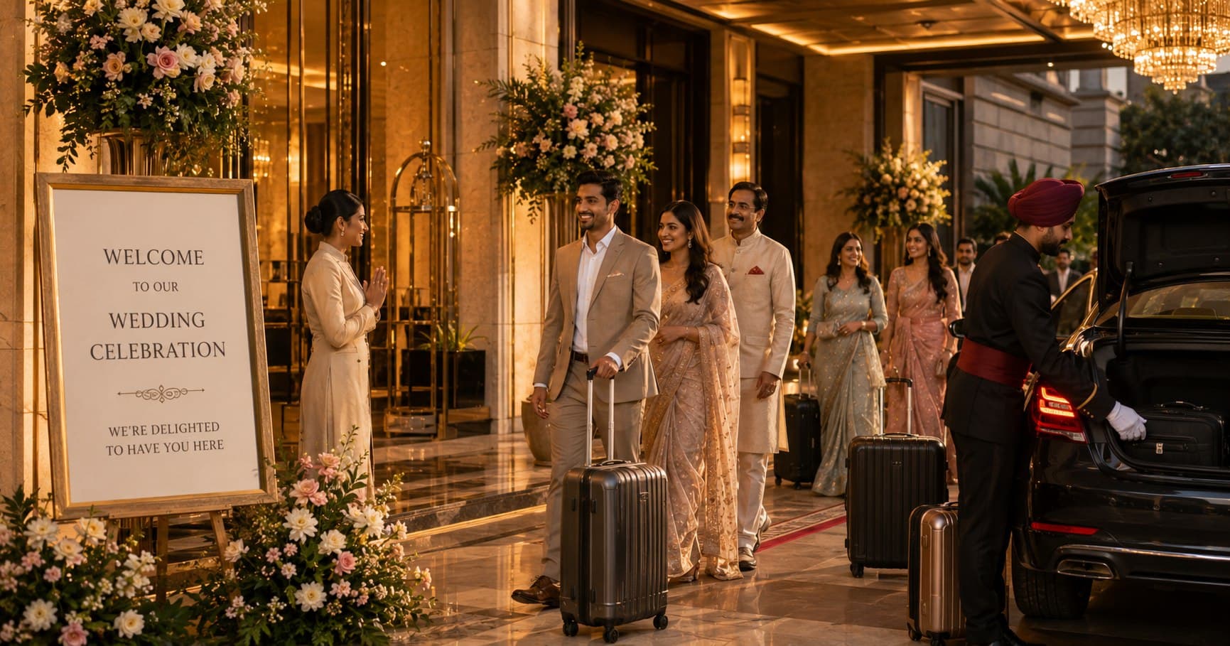 Wedding guests arriving at elegant accommodation