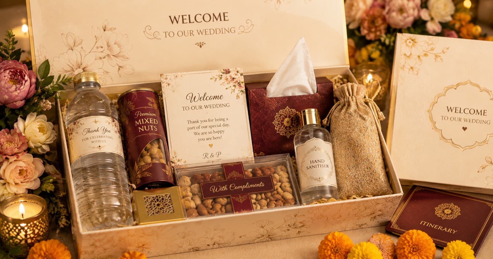Elegant wedding welcome kit prepared for guests