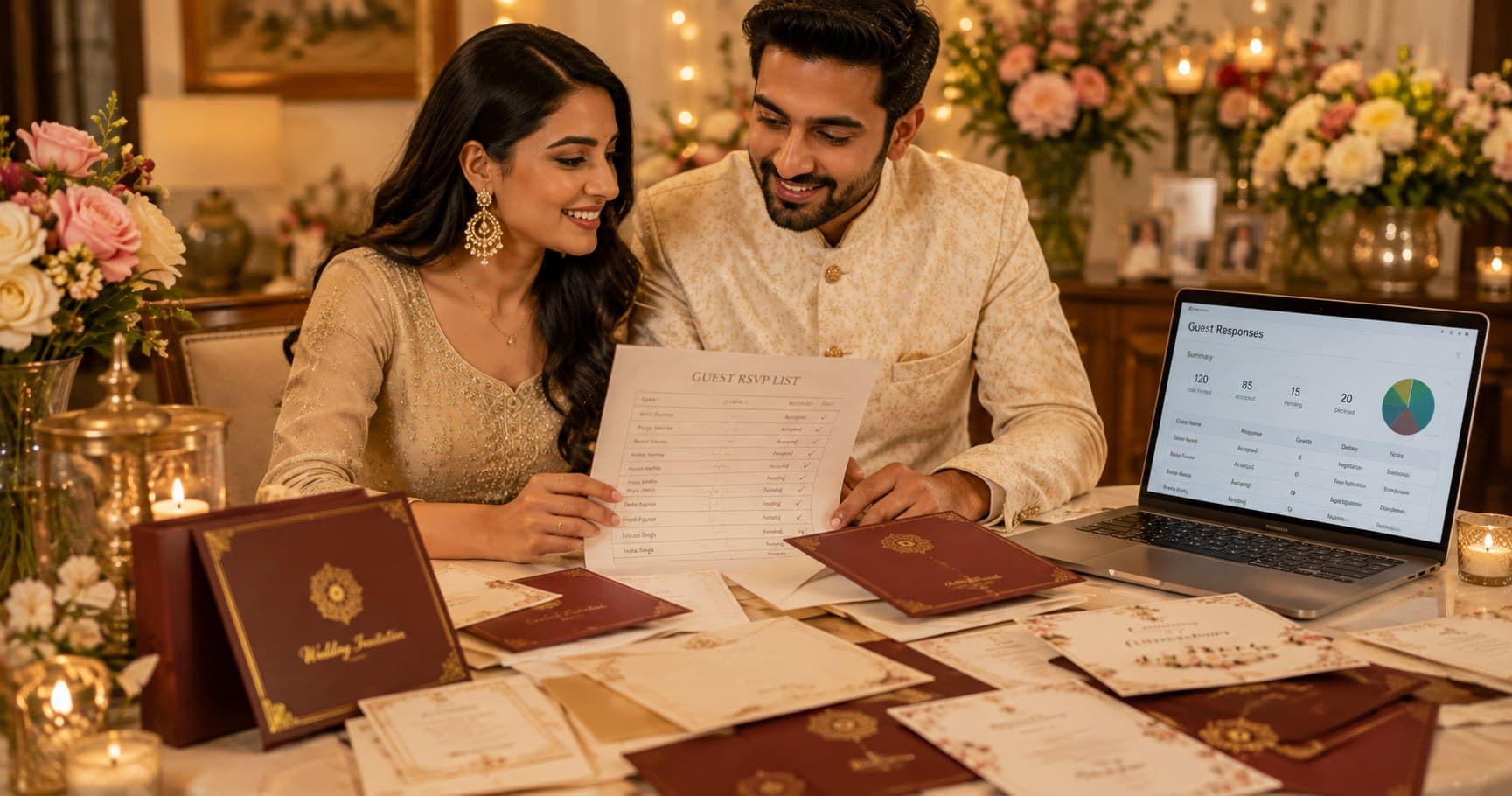 Indian couple managing wedding guest RSVP responses