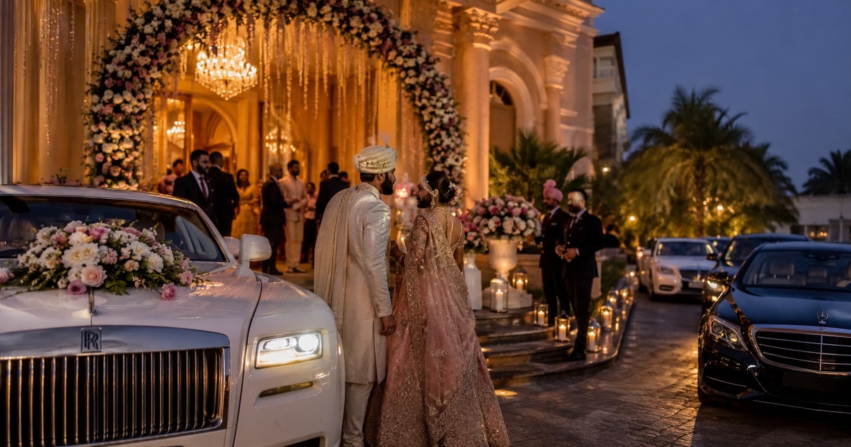 Elegant wedding transportation arriving at the venue