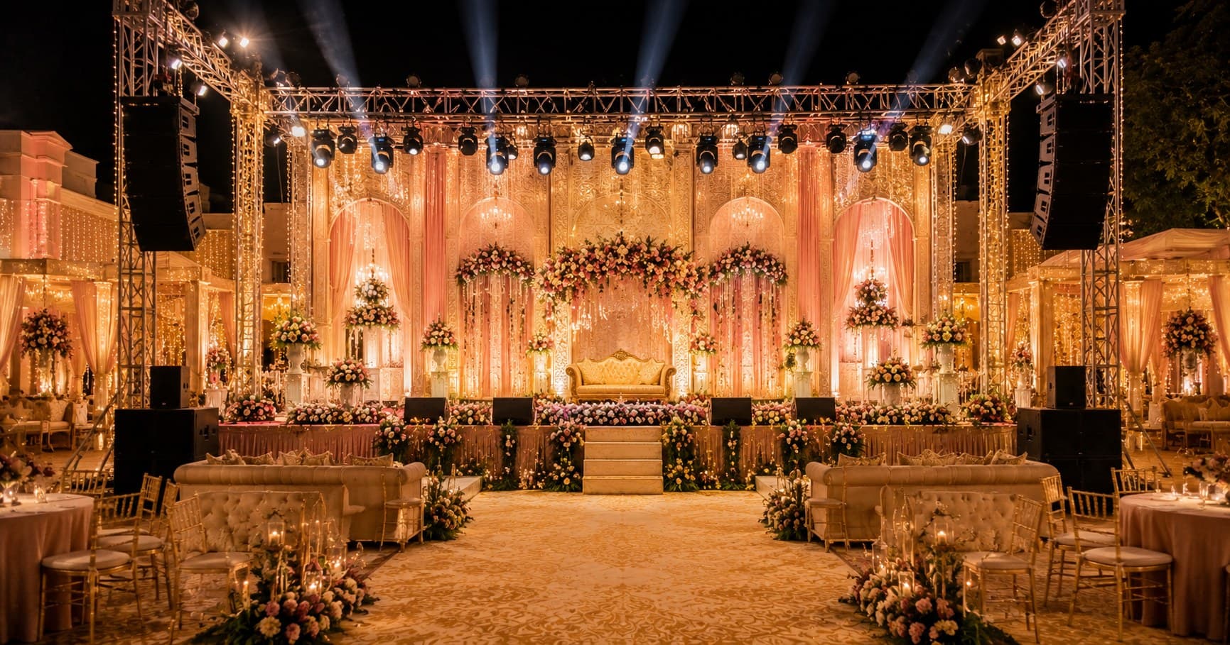 Elegant wedding lighting and sound setup at a beautifully decorated wedding venue