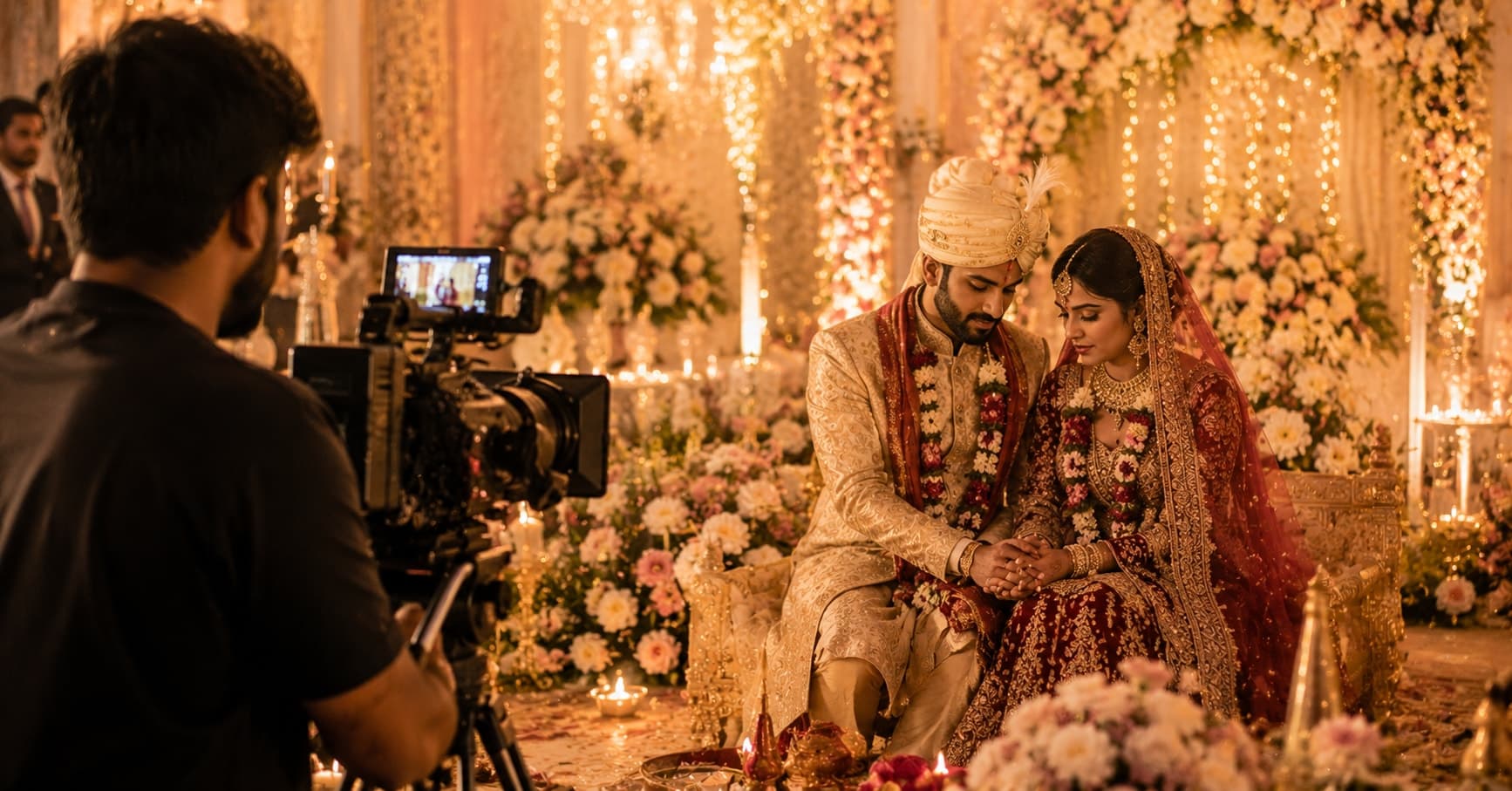 Professional videographer capturing an elegant Indian wedding ceremony