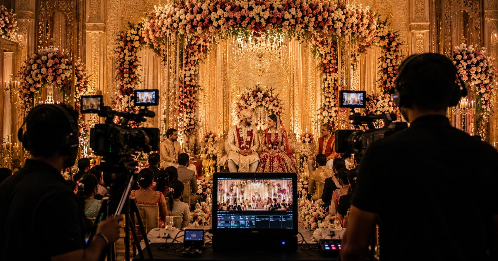 Professional Indian wedding live streaming setup with elegant wedding stage
