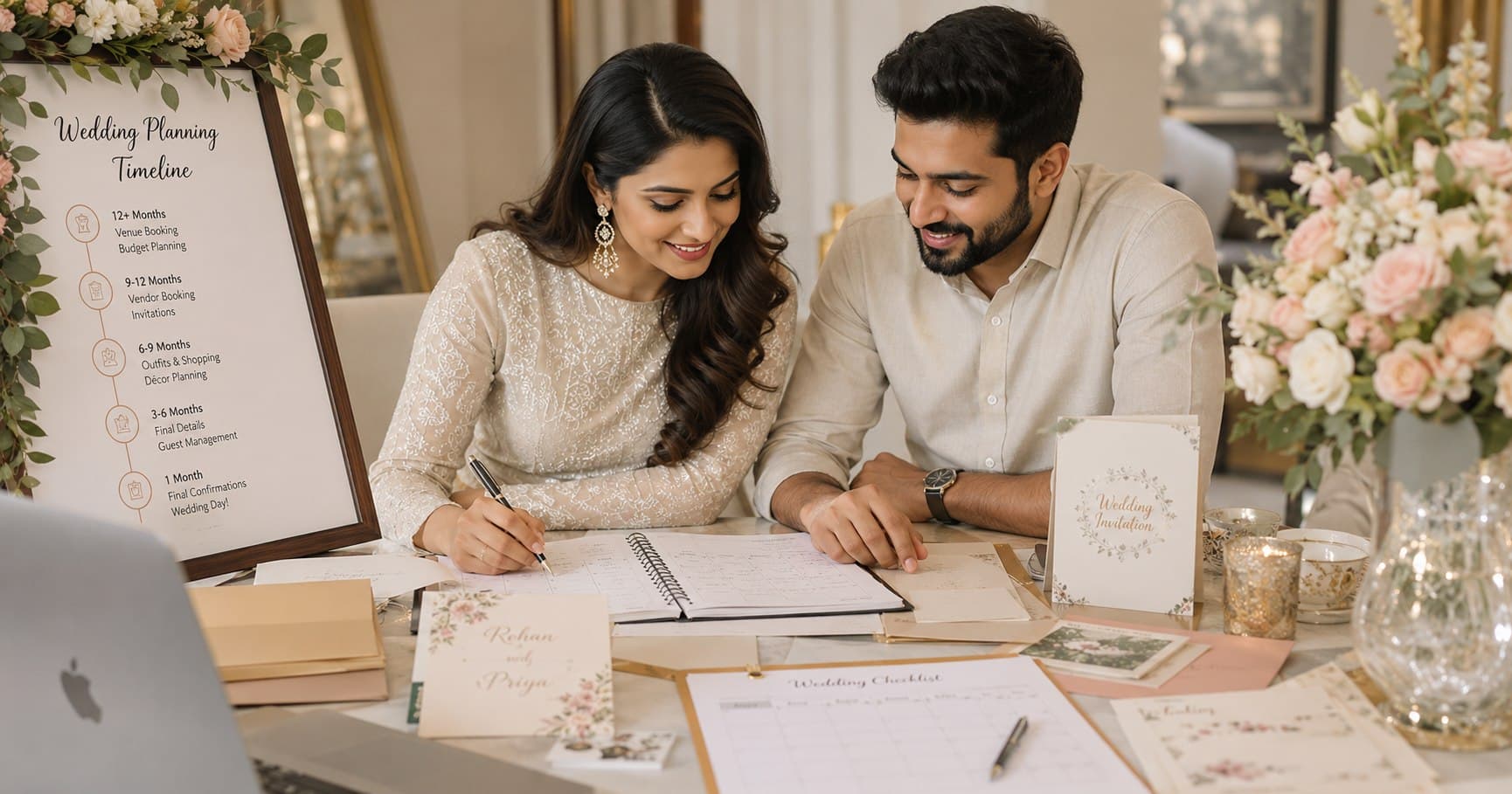 Indian couple creating a wedding planning timeline