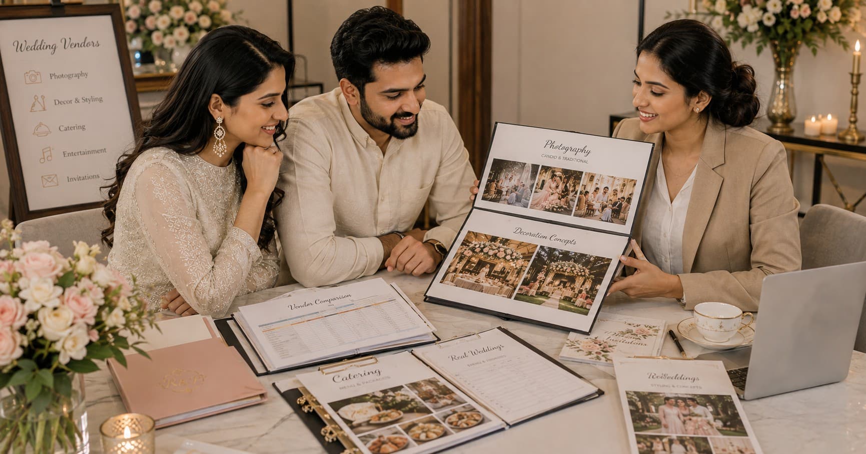 Indian couple comparing wedding vendors with a professional wedding planner