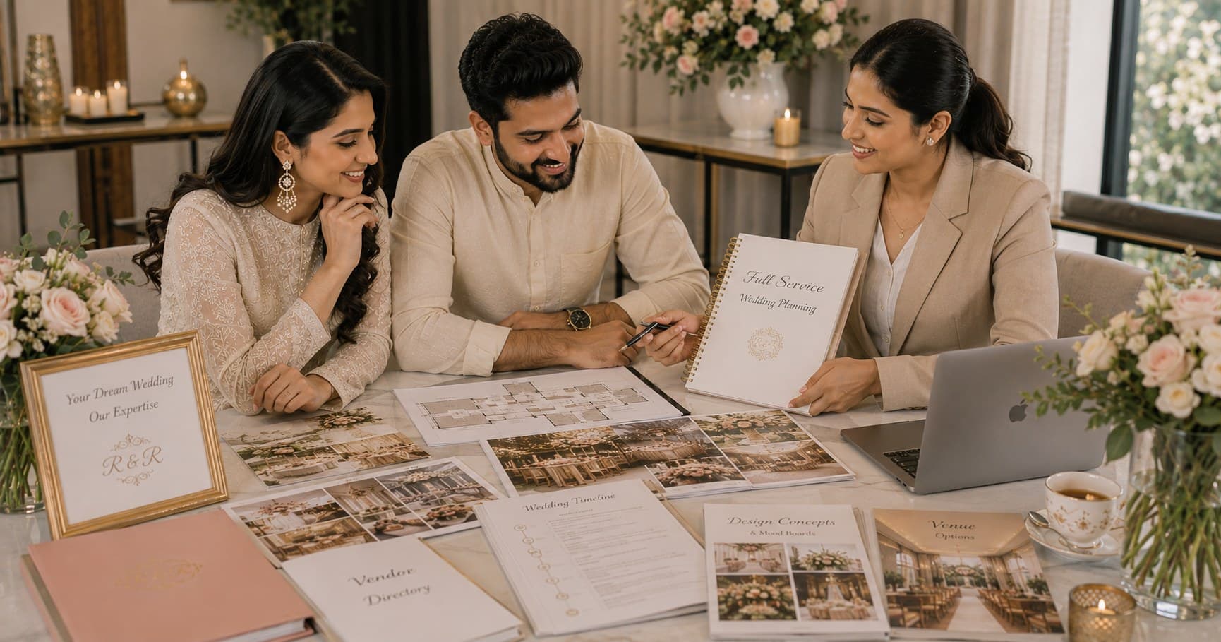Professional wedding planner helping an Indian couple plan their wedding