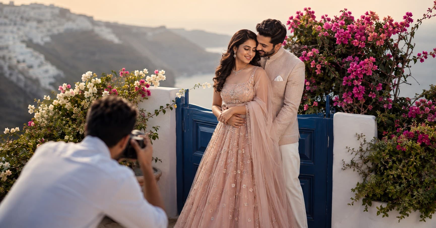 Indian couple enjoying an elegant pre-wedding photography session