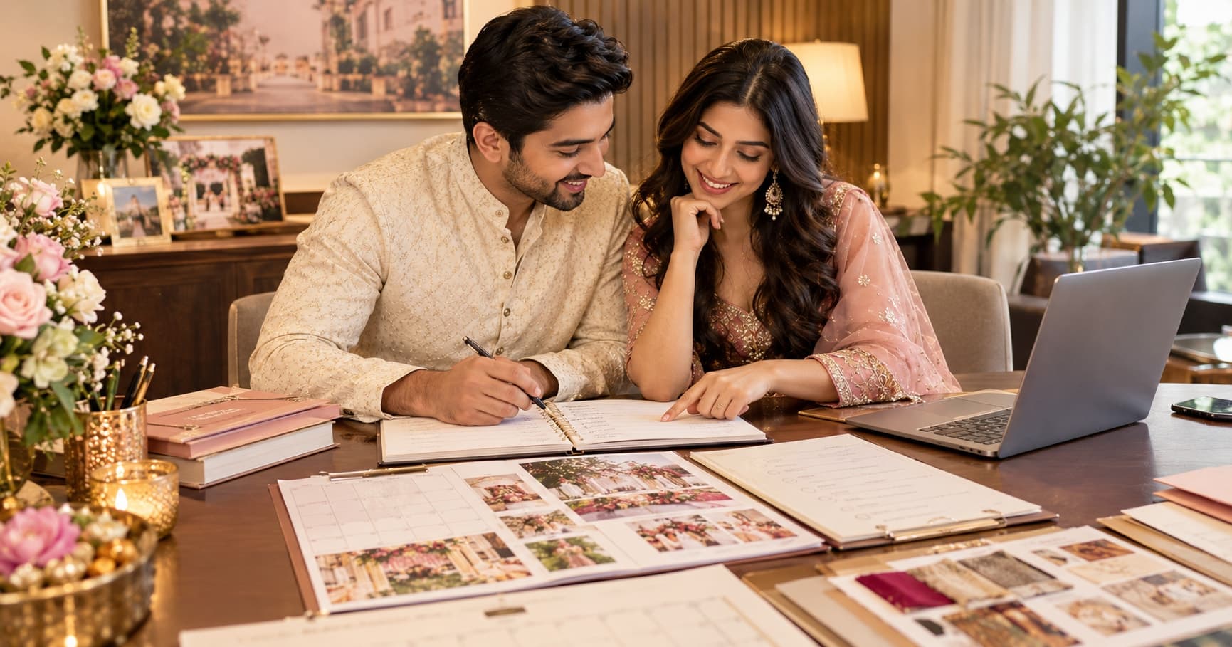Indian couple carefully planning their wedding with a budget and checklist