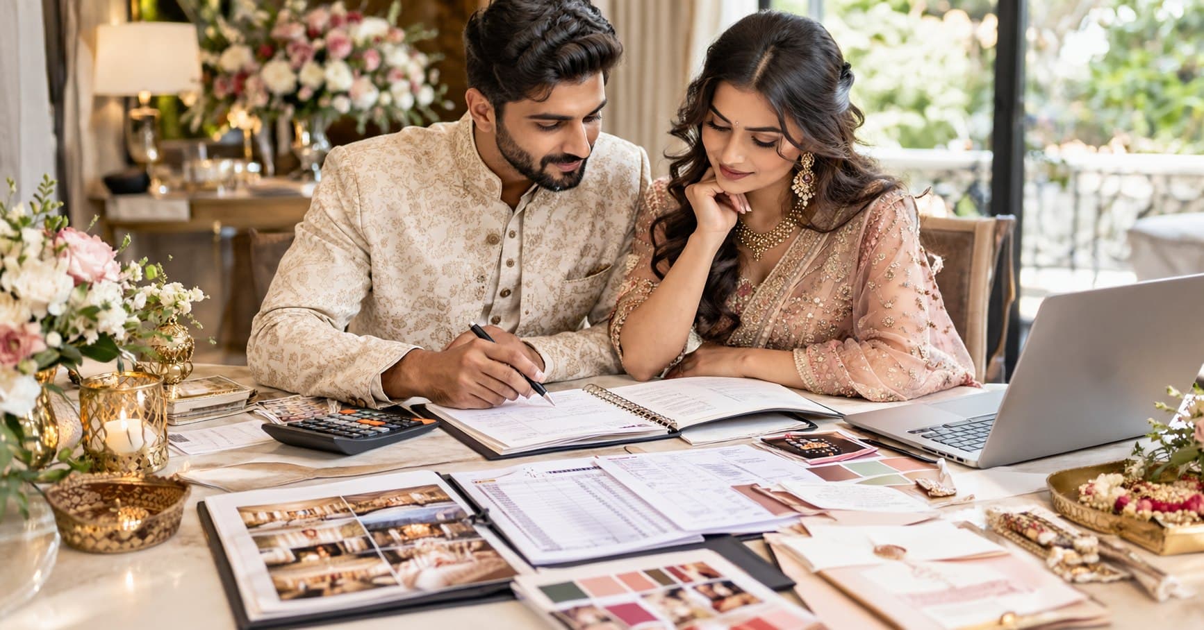 Indian couple planning a wedding budget together