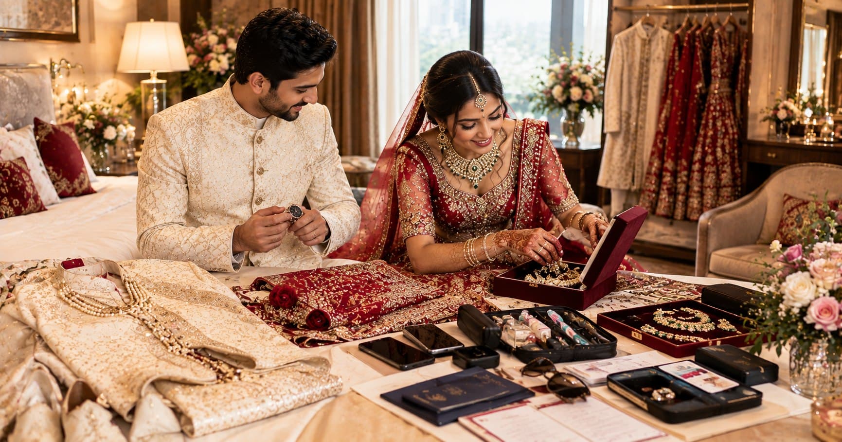 Indian couple preparing essential items for their wedding day