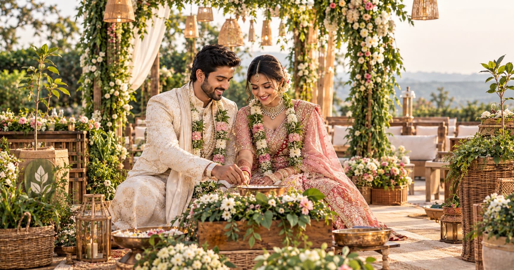 Elegant Indian couple celebrating an eco-friendly wedding