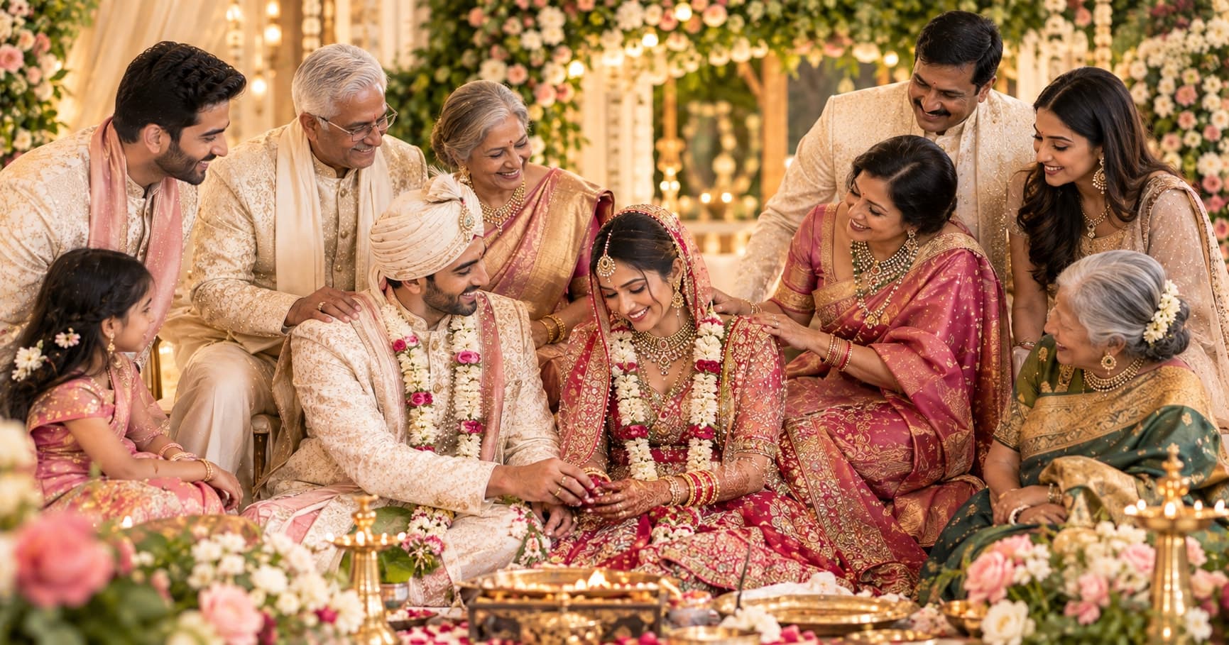 Indian couple celebrating a modern wedding with family traditions